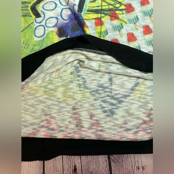 Inoah Lightweight 3/4 Sleeve Knit Scoop Burnout Neck Art to Wear Print Top M - Picture 4 of 12